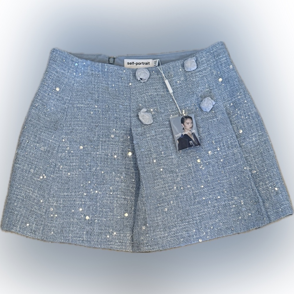 Self-Portrait Light Blue Tweed Mini Skirt